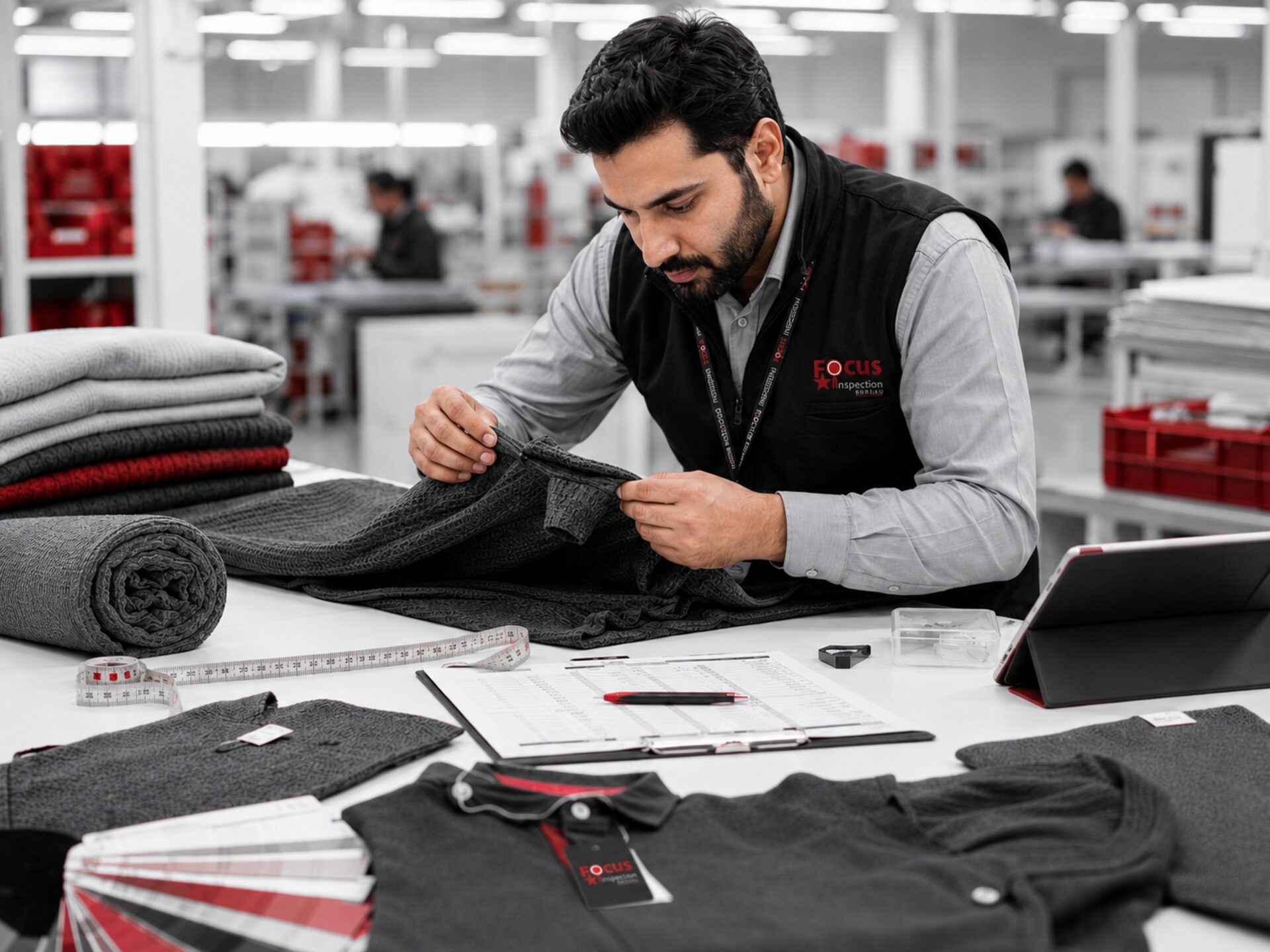 Focus Inspection Bureau inspector checking garment quality
