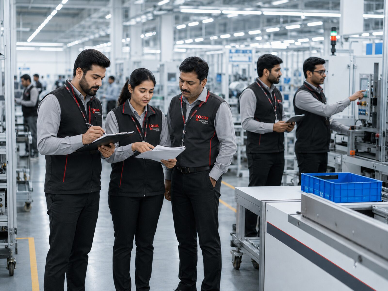 Focus Inspection Bureau team reviewing production on the factory floor